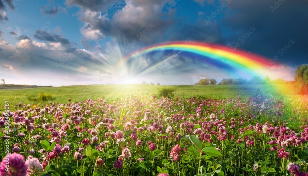 Naklejka premium magical clover field with rainbow light