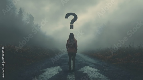 Individual standing on a road with a large question mark signifying the journey of life and important decisions to make