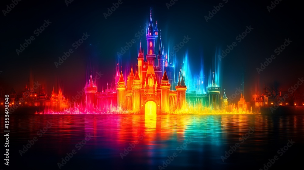 Magical Rainbow Castle Nightscape Fantasyland Illumination.