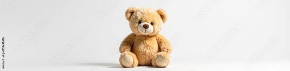 Obraz premium Fluffy brown teddy bear sitting alone on white background, toy, innocence, childhood