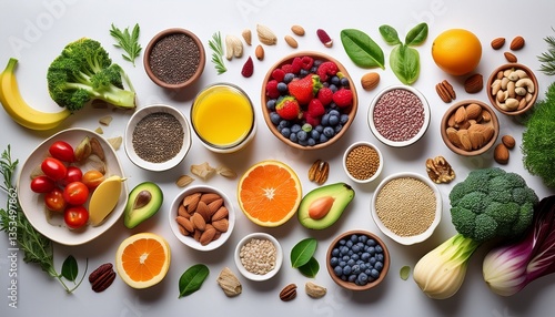 Flat Lay of Colorful Healthy Ingredients on White Background