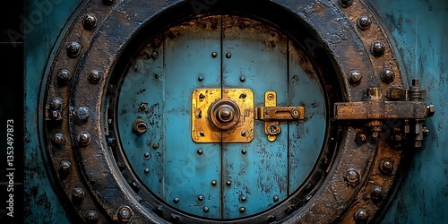 A weathered blue circular door with metal ring and lock