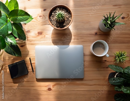 Minimalist Workspace with Laptop and Coffee on Wooden Desk