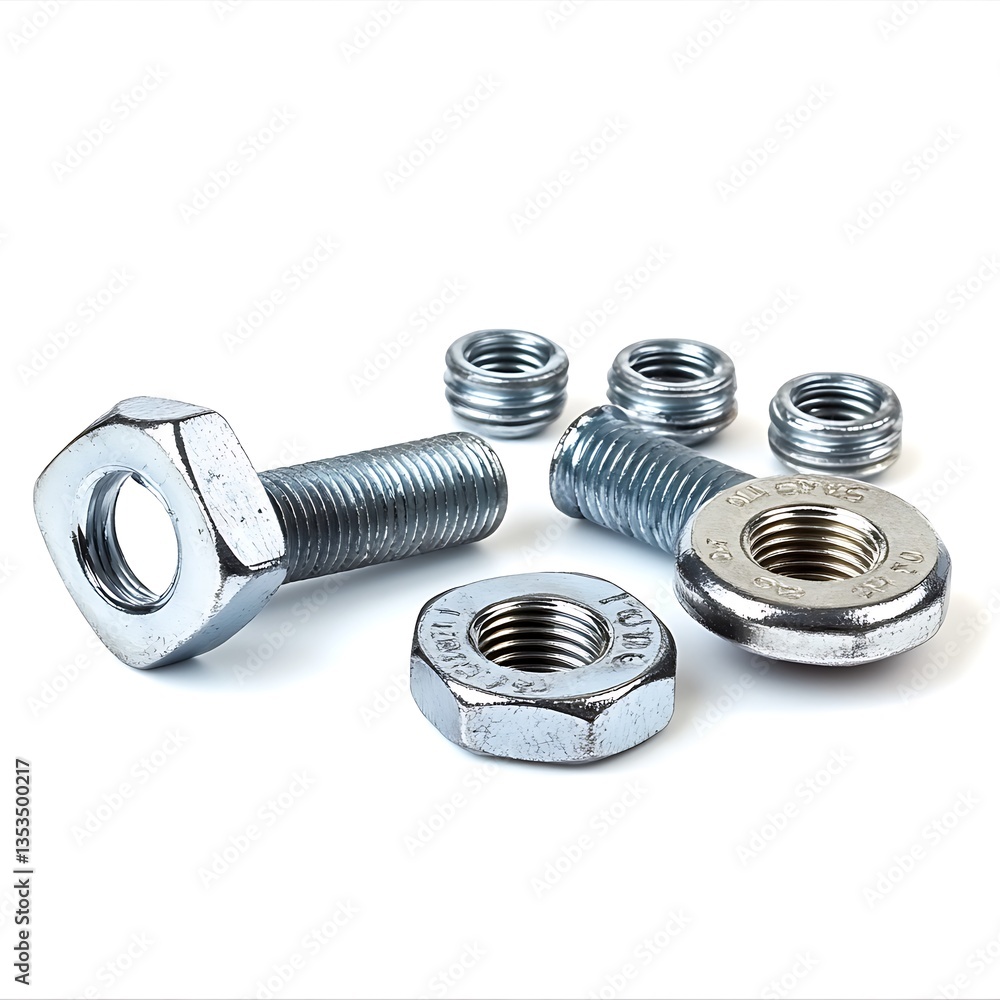 Several silver metal bolts with hexagonal and round nuts arranged Several silver metal bolts with hexagonal and round nuts arranged