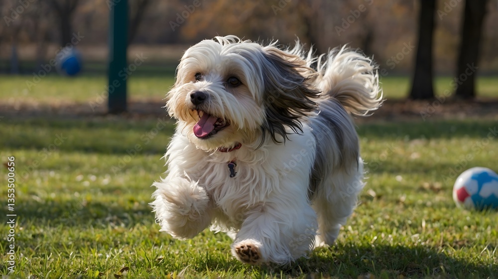 Energetic Havanese Dog Chasing Ball in Park with Shiny Silky Coat Energetic Havanese Dog Chasing Ball in Park with Shiny Silky Coat