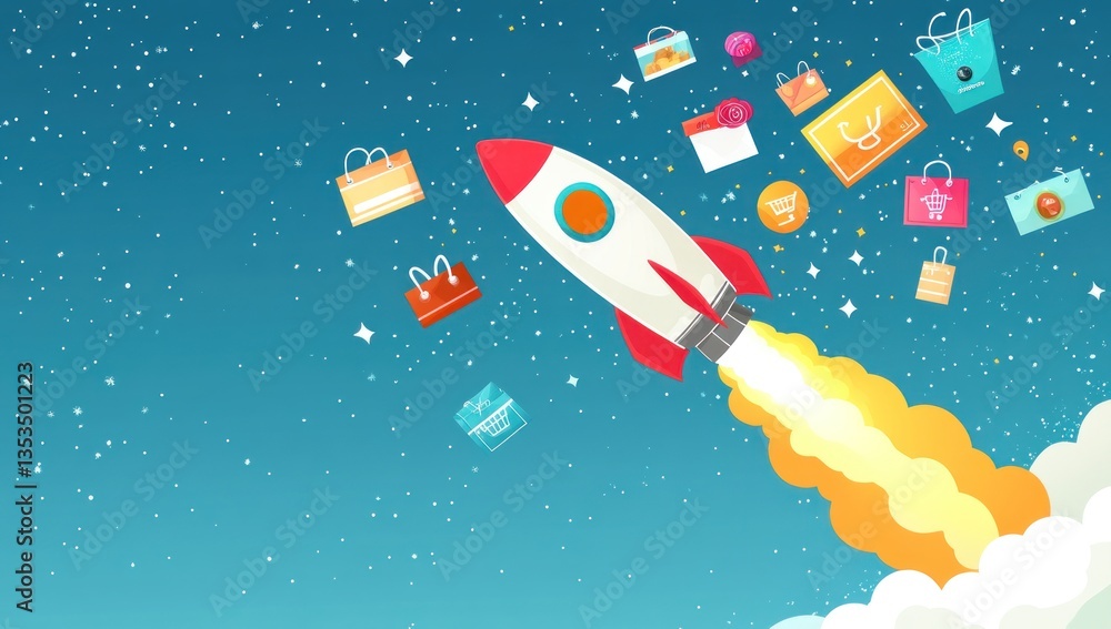 Naklejka premium Rocket launch with shopping bags, online shopping, space background