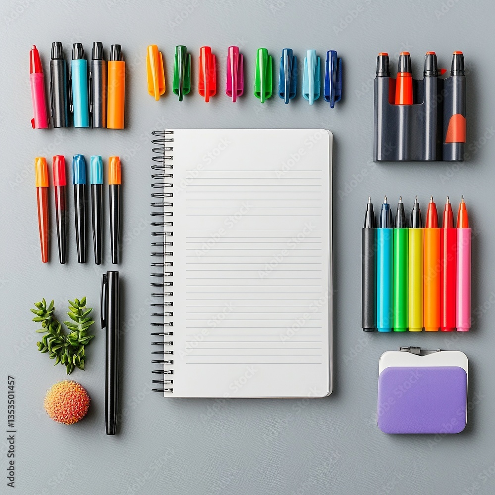 Obraz premium stationery shop promotional banner with neatly arranged notebooks, pens, and markers