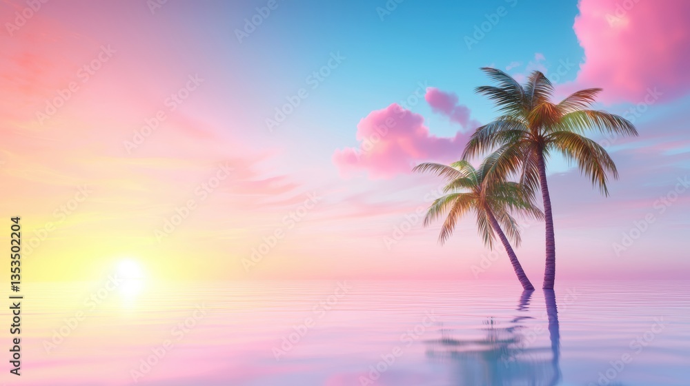 Fototapeta premium Colorful Tropical and Exotic Location Sunset over a tropical island with palm trees and colorful sky, creating a romantic and serene atmosphere
