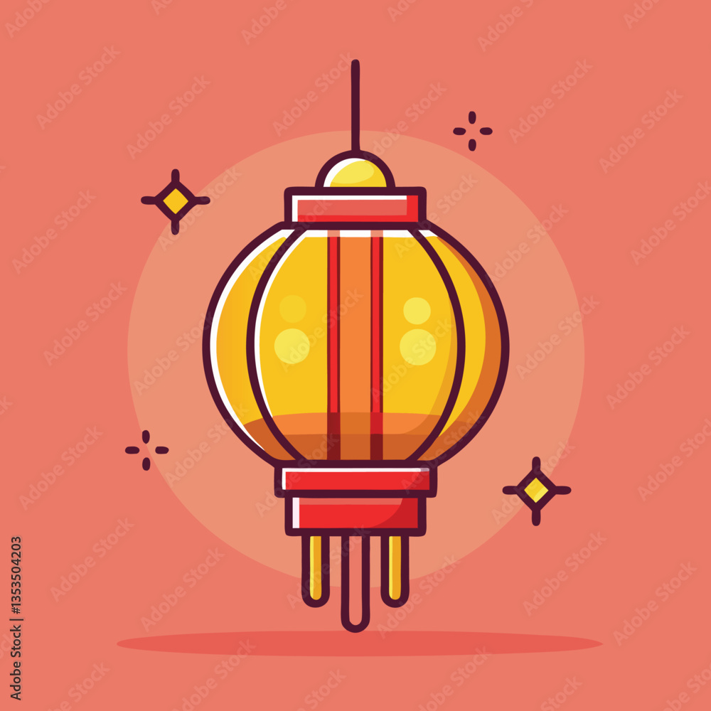 Obraz premium Festive Chinese Lantern Vector Illustration, A vibrant vector illustration of a yellow Chinese lantern with red accents, sparkling design, set against a warm orange background. 