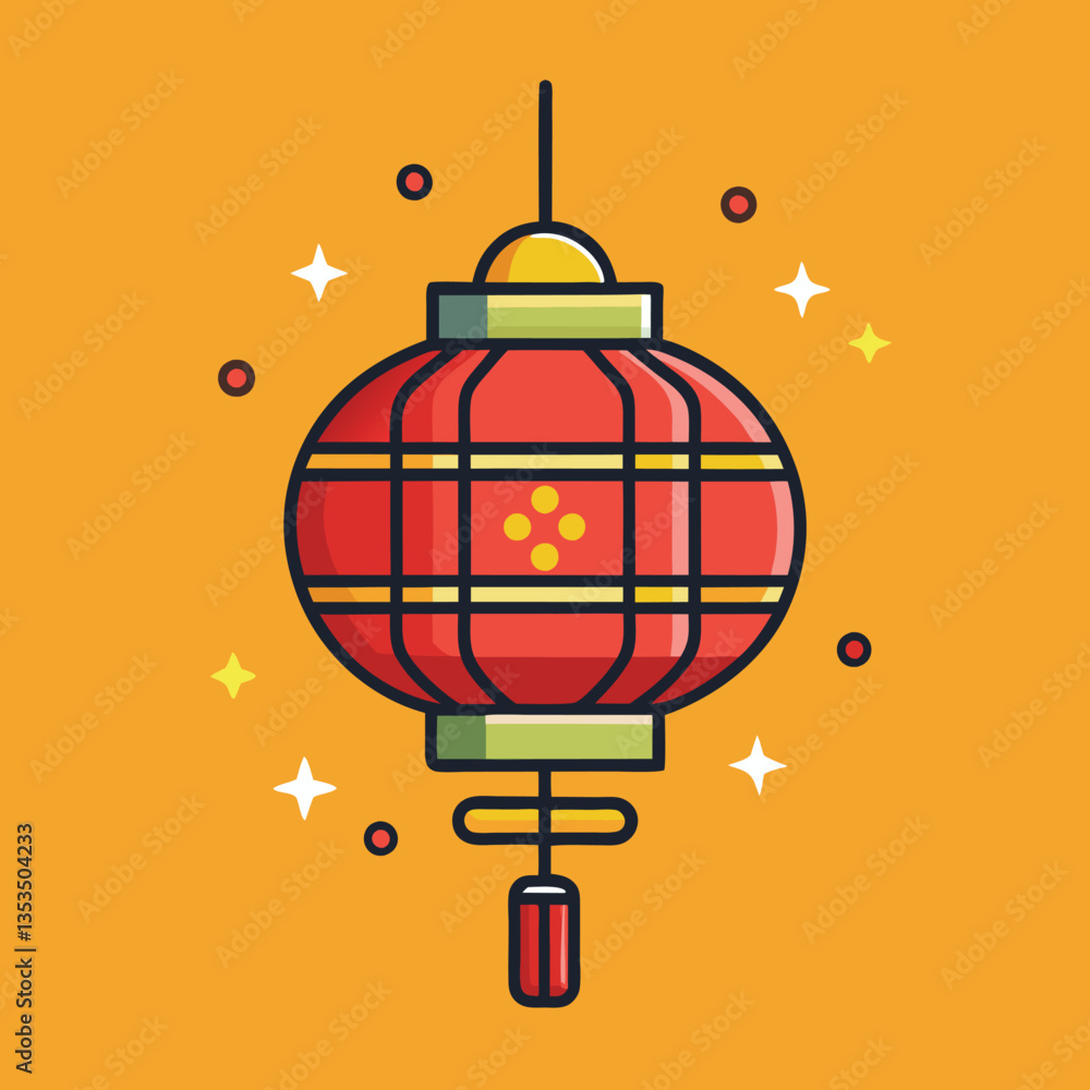 Obraz premium Chinese Lantern Vector Illustration, A festive vector illustration of a red Chinese lantern with golden accents and a sparkling design, set against an orange background. 