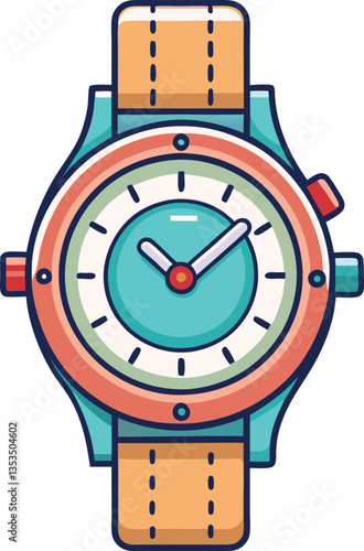 Colorful Wristwatch Vector Illustration, A vibrant vector illustration of a wristwatch with a turquoise dial, orange strap, and stylish details, designed in a fun, playful style.
