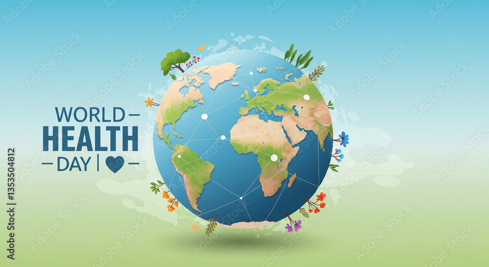 Naklejka premium World Health Day Global Healthcare Concept with Medical Icons and Earth Illustration