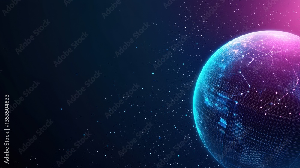 Fototapeta premium Technology and Data Visualization Rotating globe with digital grids and data overlays, space background, visualizing global technological interconnectedness
