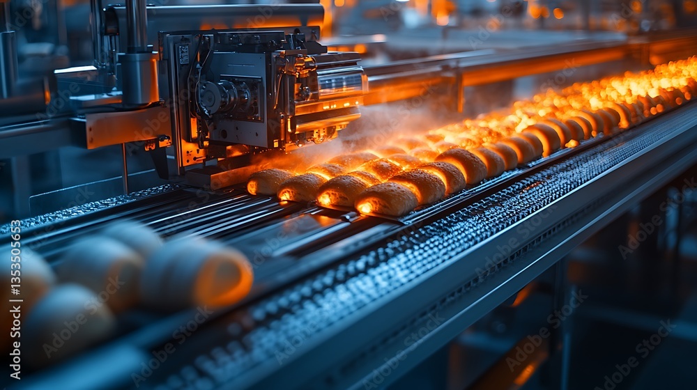 A photograph of an industrial bread-baking machine with rolls and loaves being cooked on the conveyor belt, featuring blue accents and orange lighting, A photograph of an industrial bread-baking machine with rolls and loaves being cooked on the conveyor belt, featuring blue accents and orange lighting,