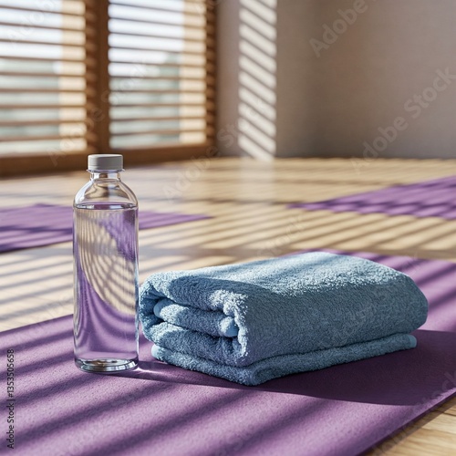 folded blue towel and water bottle on purple yoga mat in sunny studio
