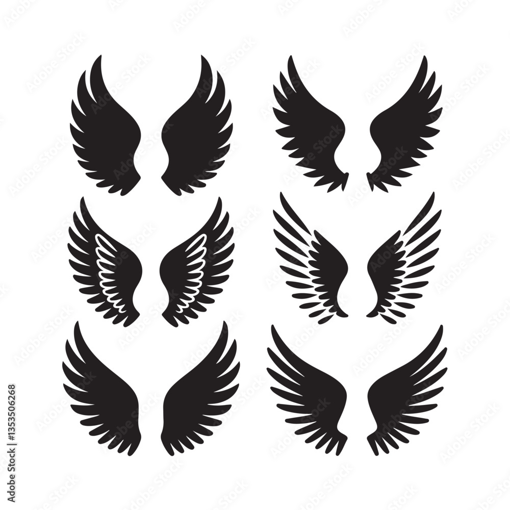 Wings Icon Set. Collection of black wing designs featuring various styles, including bird wings and angel wings. Diverse wing shapes ideal for logos, emblems, or decorative elements. Vector Wings Icon Set. Collection of black wing designs featuring various styles, including bird wings and angel wings. Diverse wing shapes ideal for logos, emblems, or decorative elements. Vector