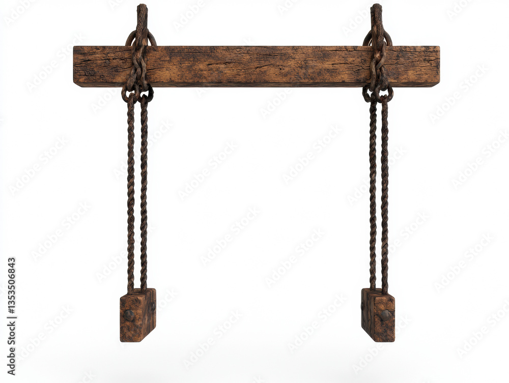 A rustic wooden beam suspended by ropes, possibly used for lifting or as a decorative element in a minimalist design. , Isolate white background A rustic wooden beam suspended by ropes, possibly used for lifting or as a decorative element in a minimalist design. , Isolate white background