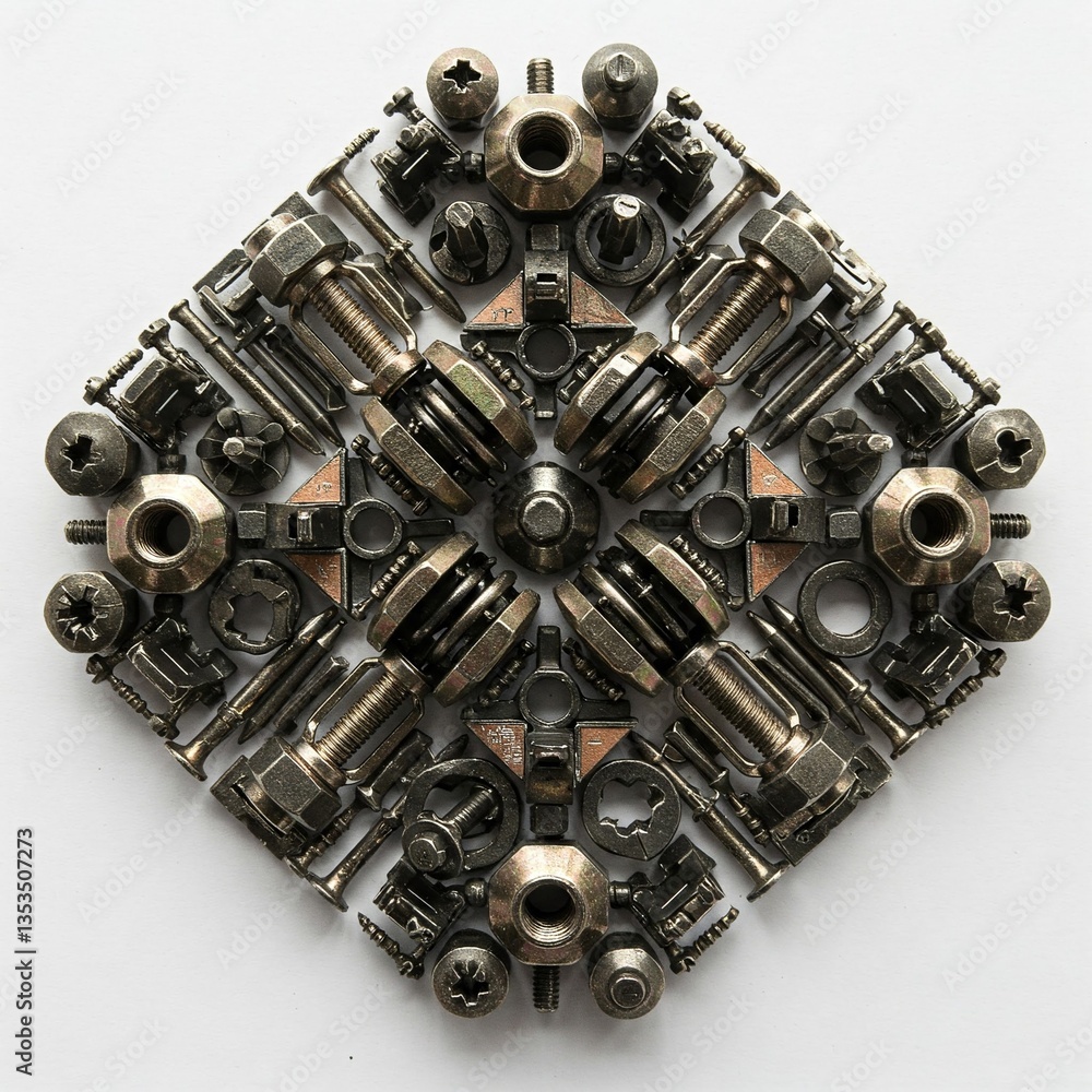 Obraz premium close up of metal hardware arranged in a geometric pattern on a white background