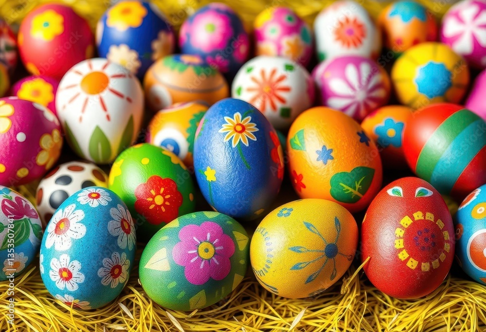 A row of vibrantly painted Easter eggs, various colors and designs, pattern, bright A row of vibrantly painted Easter eggs, various colors and designs, pattern, bright