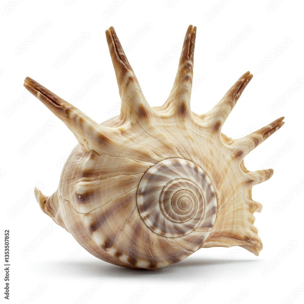 Fototapeta premium beautiful spiral seashell isolated on white background brown and white ocean themed nature object marine life