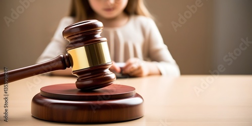 Young girl playing with a wooden judge gavel, symbolizing justice, law, and decision-making. Concept of legal education, child rights, and the future of the judiciary system.


