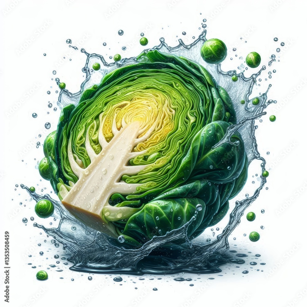 Obraz premium Freshly cut brussel sprout with a refreshing splash of water, healthy food concept