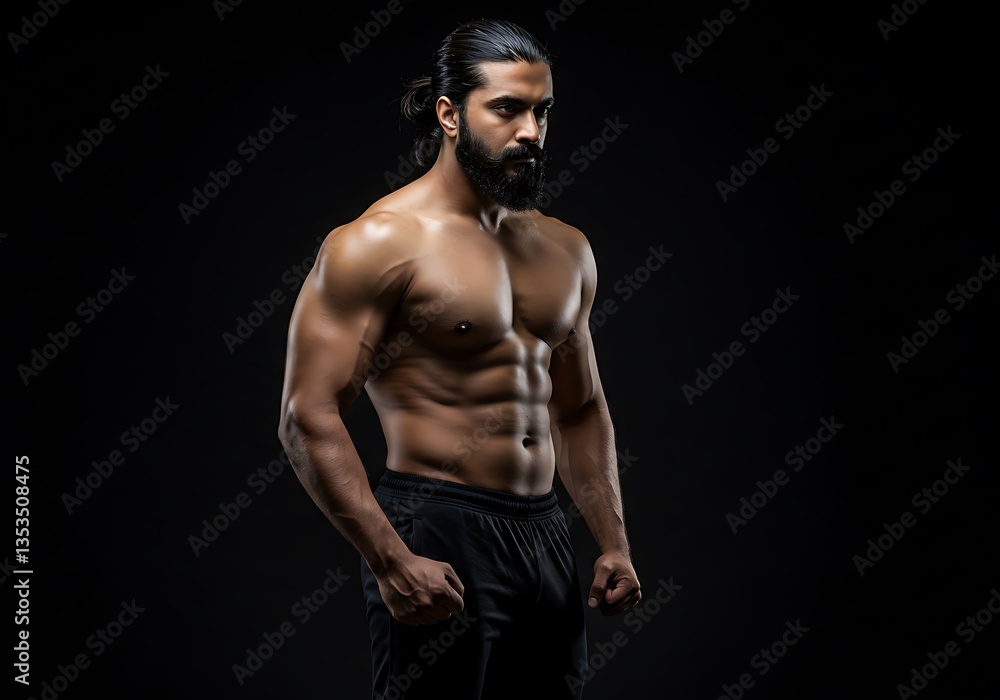 Fototapeta premium Strong and Fit Man with Defined Muscles Against a Black Background