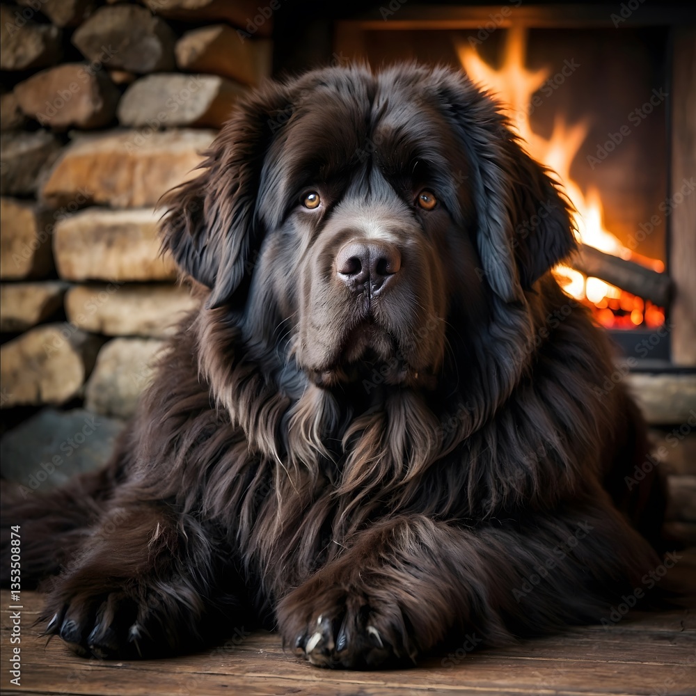 Newfoundland Dog Resting by Fireplace in Cozy Rustic Cabin Newfoundland Dog Resting by Fireplace in Cozy Rustic Cabin
