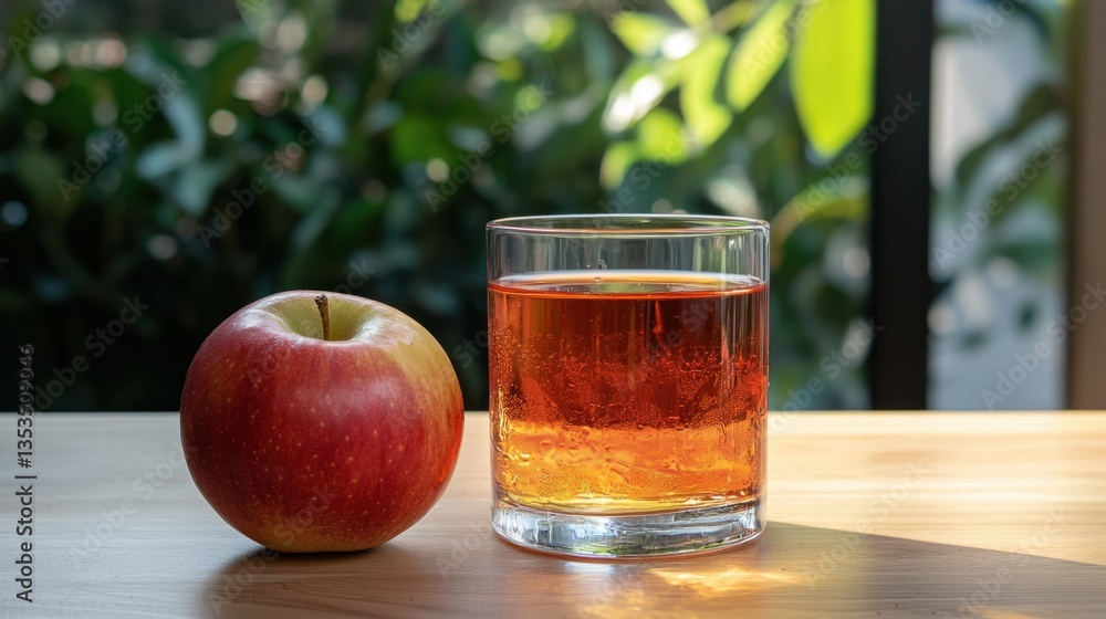 Refreshing Apple Beverage with Whole Apple on Wooden Table Surface Refreshing Apple Beverage with Whole Apple on Wooden Table Surface