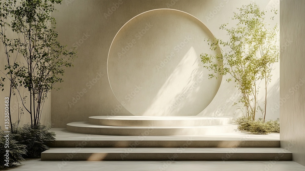 A minimalist display featuring a circular backdrop, steps, and greenery in soft tones. A minimalist display featuring a circular backdrop, steps, and greenery in soft tones.
