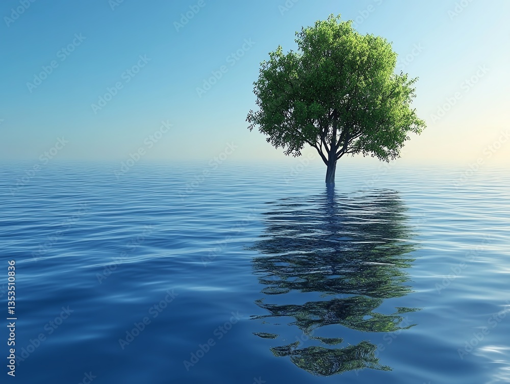 Solitary tree standing resiliently in calm blue water, symbolizing hope, resilience, and the power of nature. Perfect for environmental themes. Solitary tree standing resiliently in calm blue water, symbolizing hope, resilience, and the power of nature. Perfect for environmental themes.