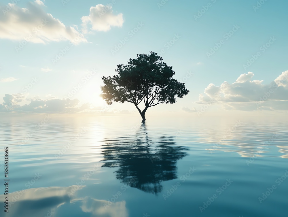 Solitary tree standing in calm water at sunset. Peaceful, serene landscape. Nature, tranquility, hope. Solitary tree standing in calm water at sunset. Peaceful, serene landscape. Nature, tranquility, hope.
