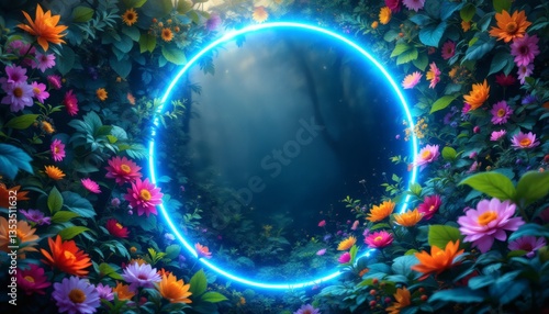 Glowing Neon Circle Frame Surrounded by Colorful Flowers and Foliage