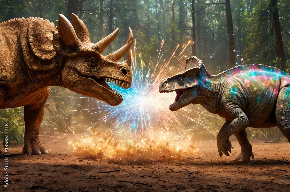 Fototapeta premium A holographic Triceratops fights with a tyrannosaurus, made up of many particles. Generative AI.