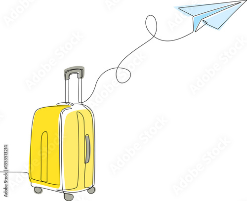 Single line drawing of Suitcase with Paper plane flying up and lettering in line art style. Continuous one line travel drawing of yellow case, luggage bag with wheels Editable stroke vector