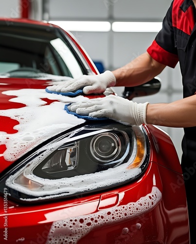 Shiny red car being professionally washed with foam and scrubbed by a worker in gloves. Car detailing and cleaning service concept in a garage or auto workshop setting.

