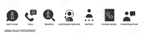 Connecting Through Information Icons set vector illustration with  Info sign, Call, Search, Customer service, Rating, Phone book, Conversation