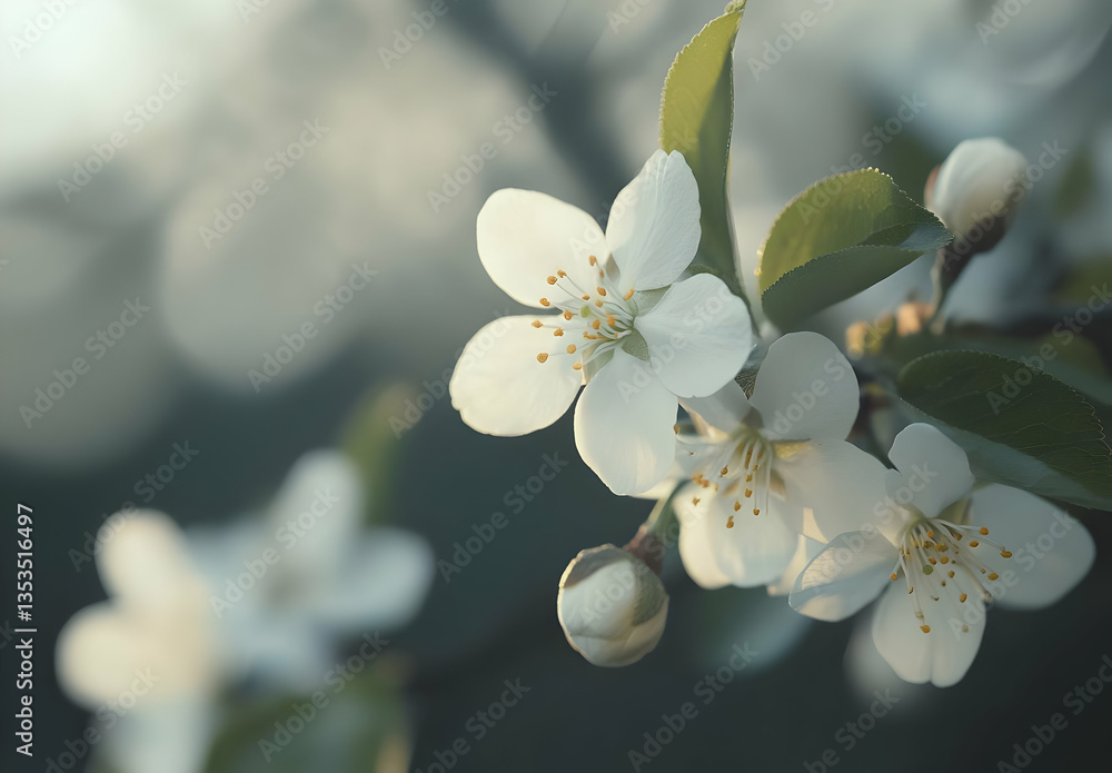 Close-Up of Delicate White Flowers and Green Leaves in Nature Close-Up of Delicate White Flowers and Green Leaves in Nature