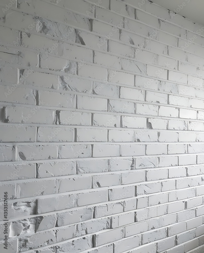 Fototapeta premium White painted brick wall with a slightly uneven texture, subtle cracks, and imperfections, creating a minimalist and modern industrial aesthetic. The soft lighting highlights the depth and structure o