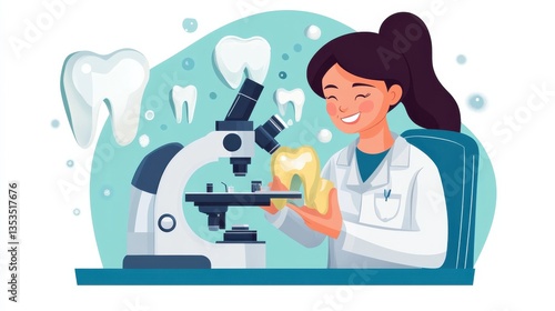 Smiling scientist examining tooth specimen with microscope in modern laboratory, showcasing dental research and oral health advancement through innovation and technology.