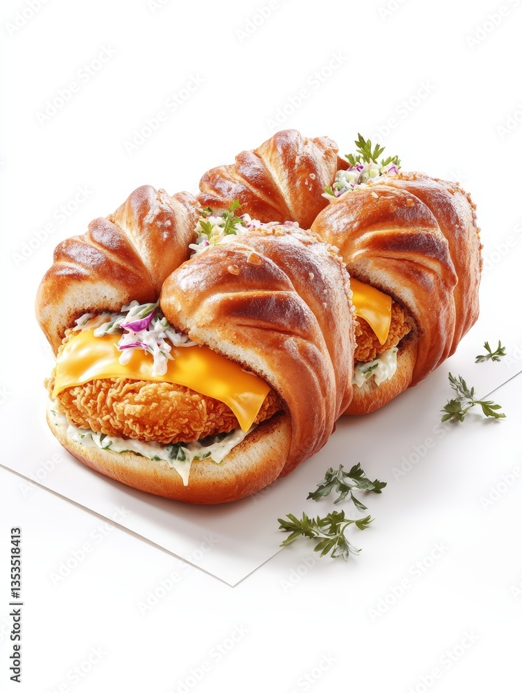 Fototapeta premium Double-decker fried chicken sandwich with melted cheese, coleslaw on a pretzel bun garnished with fresh herbs on a white surface ready to eat