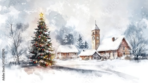 Wallpaper Mural A Picturesque Winter Village Scene: Christmas Tree, Snow Covered Houses, and a Clock Tower Torontodigital.ca