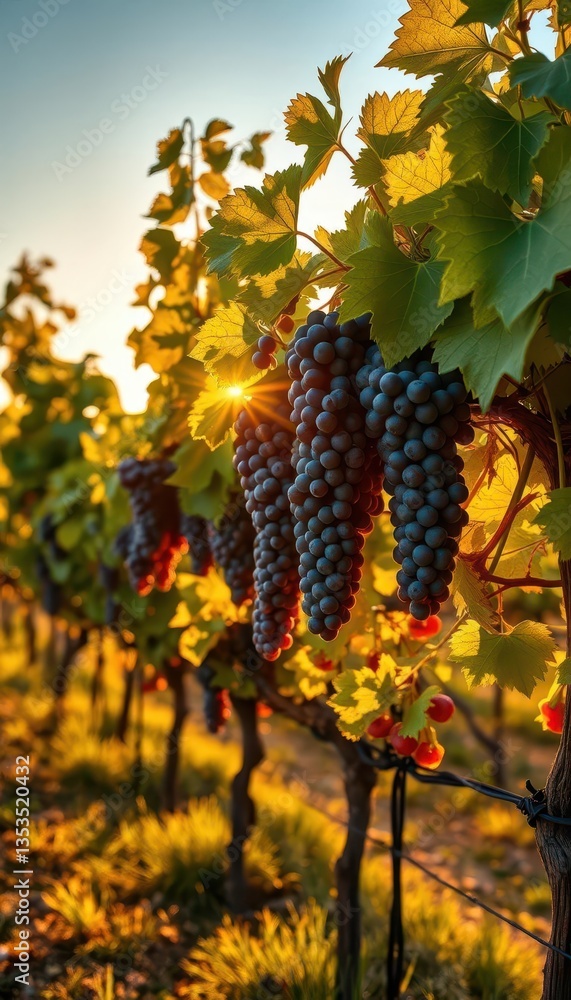 Fototapeta premium Golden hour sunlight bathes ripe grapes hanging heavy on vines in a picturesque vineyard, field, sunset, beautiful