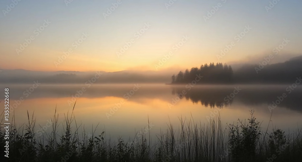 Misty sunrise over calm lake with tree reflections and golden sky. Misty sunrise over calm lake with tree reflections and golden sky.