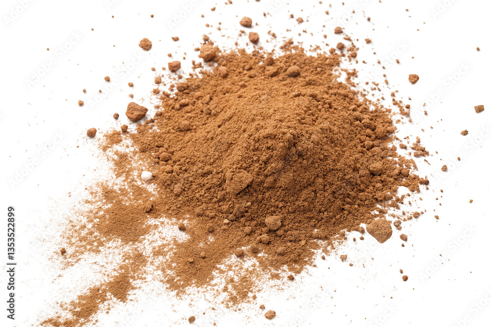 Cocoa powder scattered on a white surface highlighting its rich brown color and texture Cocoa powder scattered on a white surface highlighting its rich brown color and texture