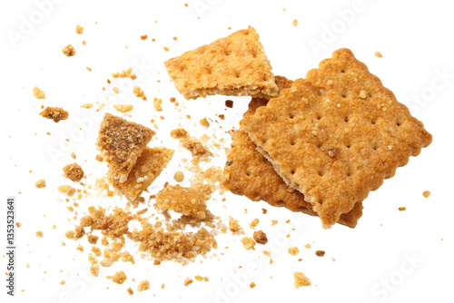 Crumbled graham crackers scattered on white background during a baking activity