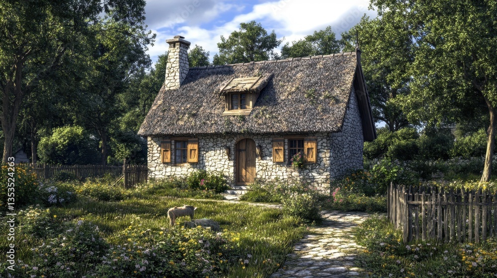 Fototapeta premium Stone Cottage in a Lush Garden