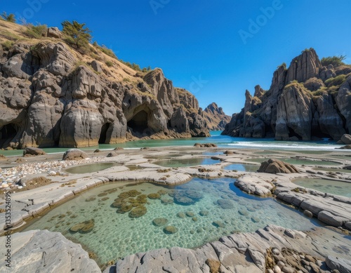 Stunning Coastal Rock Formations with Crystal Clear Tide Pools and Caves A picturesque beach scene