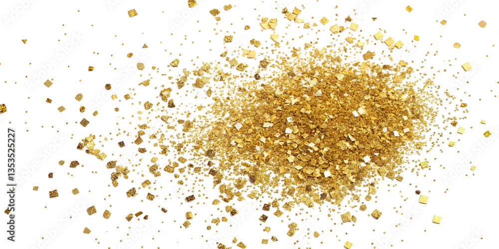 Sparkling golden glitter scattered on a white background for creative projects Sparkling golden glitter scattered on a white background for creative projects