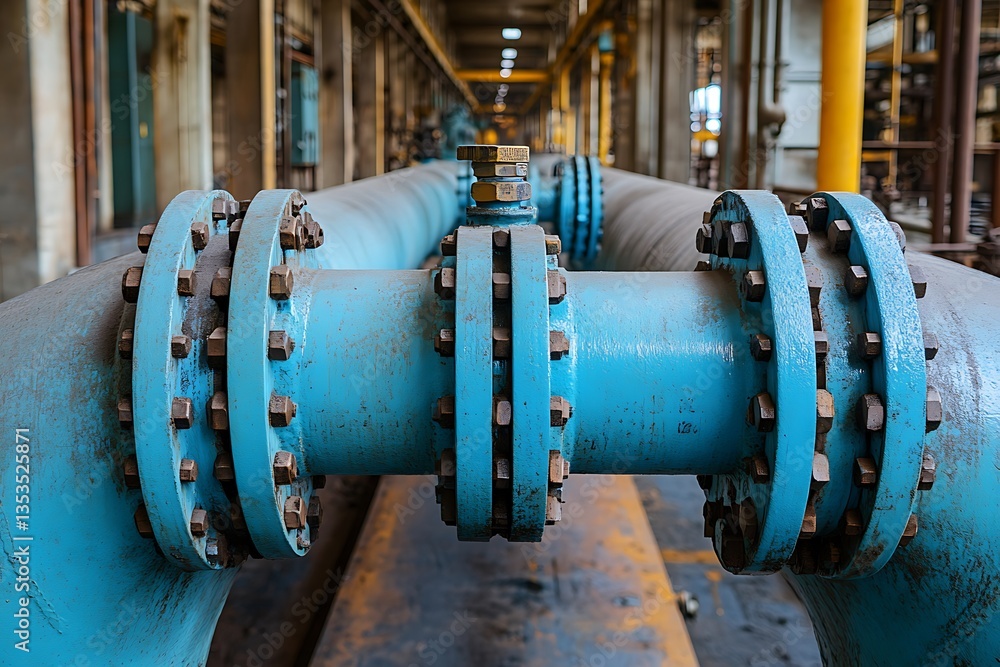 Blue industrial pipes connected with bolts and flanges inside a building Blue industrial pipes connected with bolts and flanges inside a building